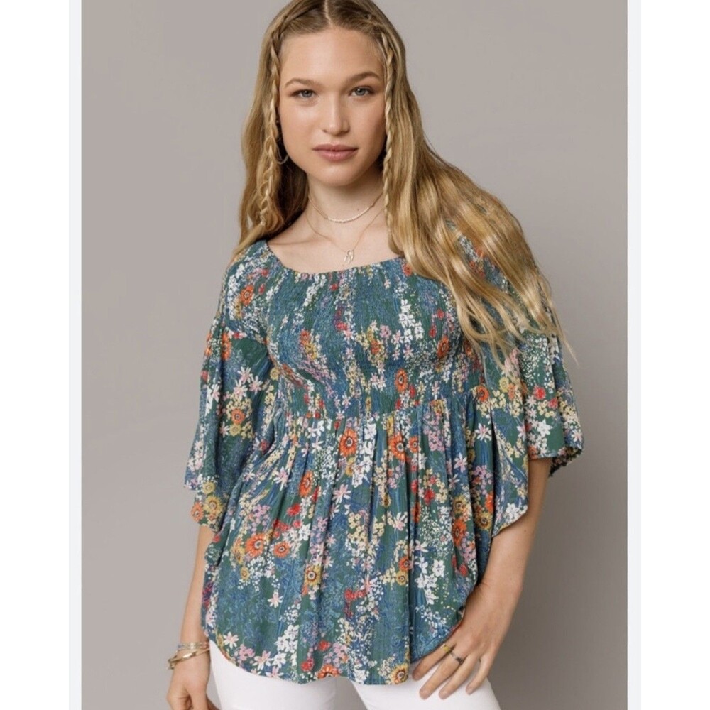Angie Green Floral Smocked Off Shoulder Boho Festival Peasant Top Sz L
